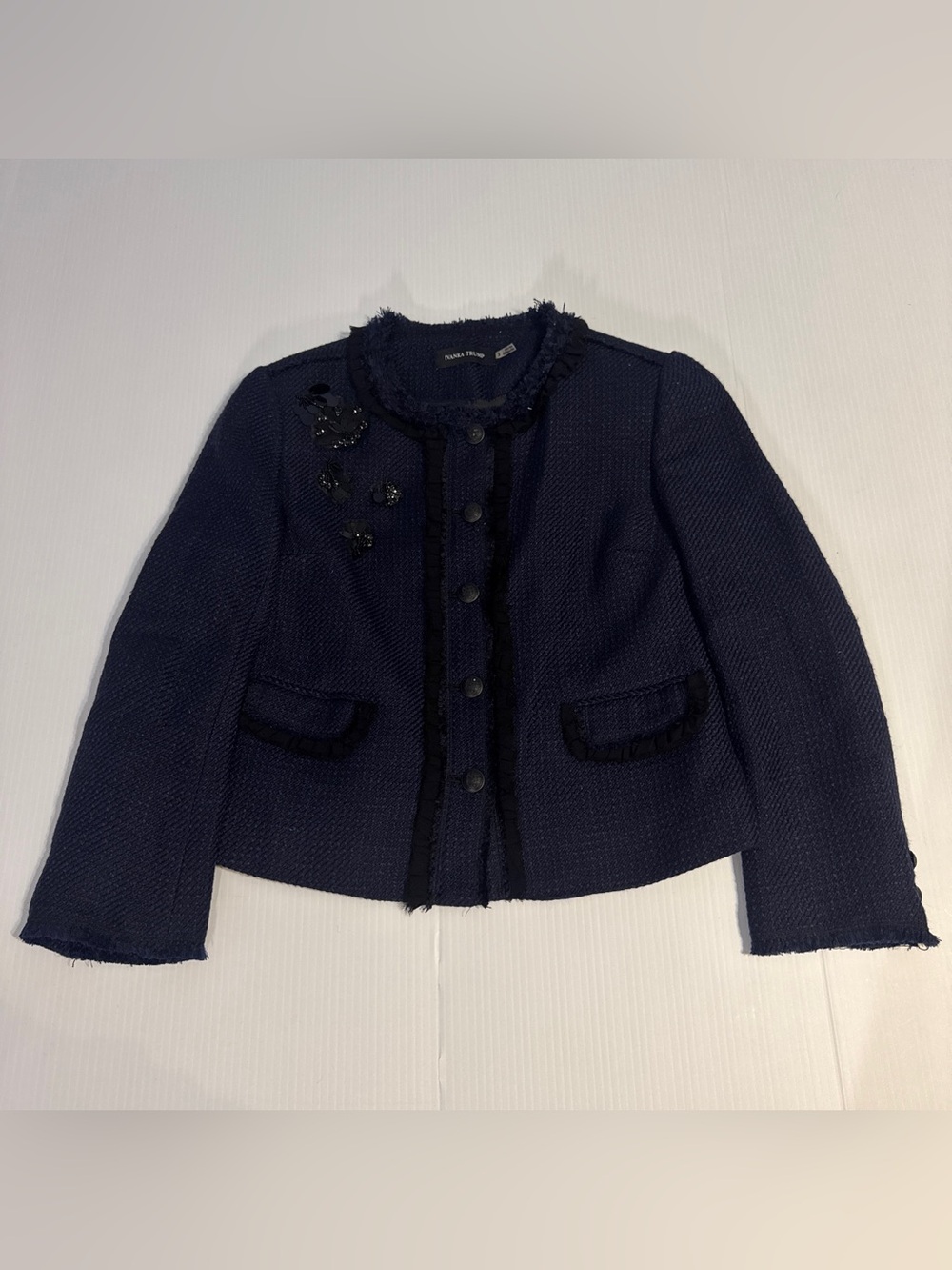 Ivanka Trump Navy Tweed Embellished Jacket Size 2 Chanel Dark Academia Preppy